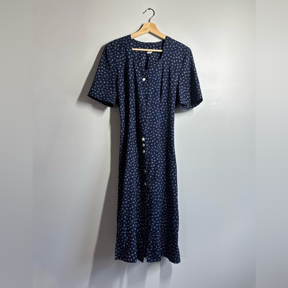 Vintage Navy Blue floral pattern Button-Down Dress